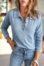 Solid Rib Knit Button Front Long Sleeve T-Shirt