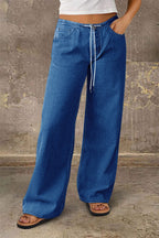 Drawstring Adjustable Mid Waist Straight Leg Jeans