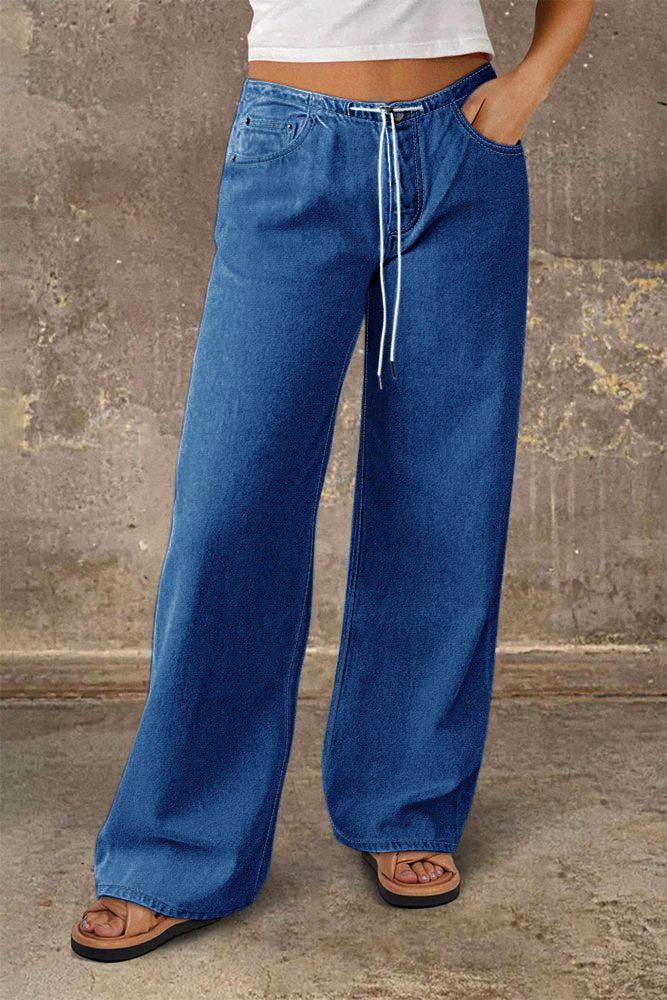 Drawstring Adjustable Mid Waist Straight Leg Jeans
