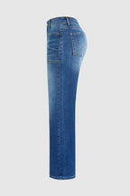 Wash Patch Pocket Raw Hem Mid Rise Straight Leg Jeans Without Belt