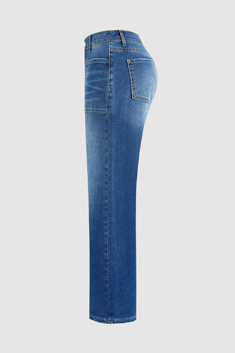 Wash Patch Pocket Raw Hem Mid Rise Straight Leg Jeans Without Belt