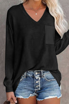 Solid Split Pocket Front V Neck Gathered Sleeve T-Shirt