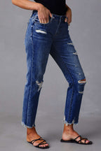 Wash Ripped Raw Hem Mid Rise Crop Jeans