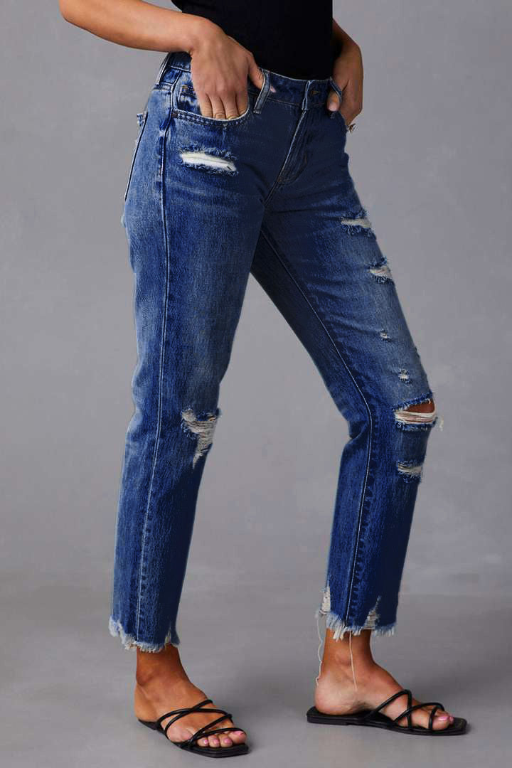 Wash Ripped Raw Hem Mid Rise Crop Jeans