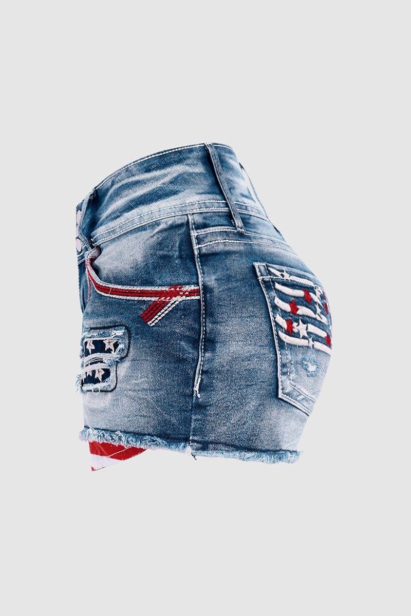 American Flag Patched Button Fly Cut Out Denim Shorts