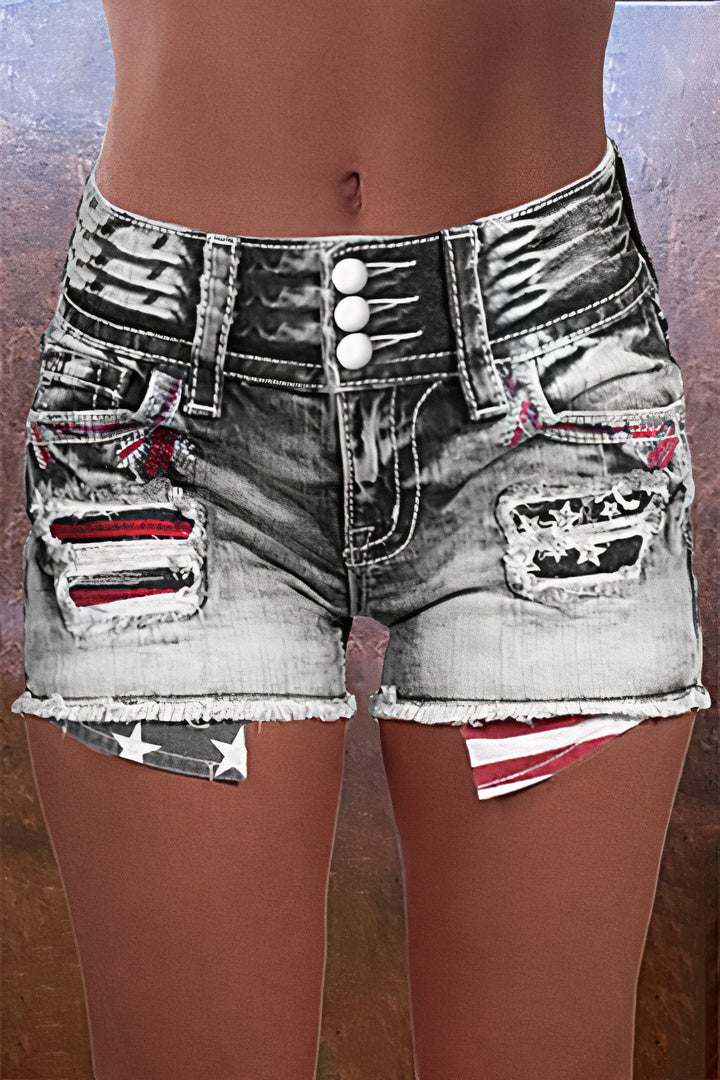 American Flag Patched Button Fly Cut Out Denim Shorts