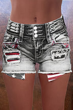 American Flag Patched Button Fly Cut Out Denim Shorts
