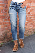 Raw Hem Ripped Mid Rise Straight Leg Crop Jeans