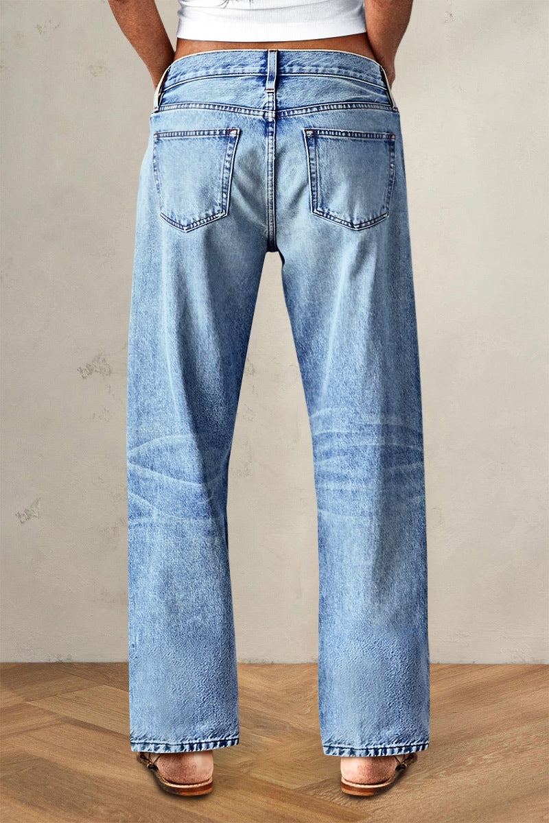Wash Stretchy Mid Waist Straight Leg Jeans