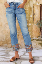 Tribal Embroidery Raw Hem Mid Rise Straight Leg Crop Jeans