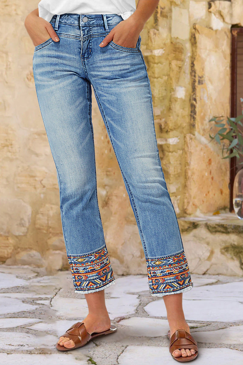 Tribal Embroidery Raw Hem Mid Rise Straight Leg Crop Jeans