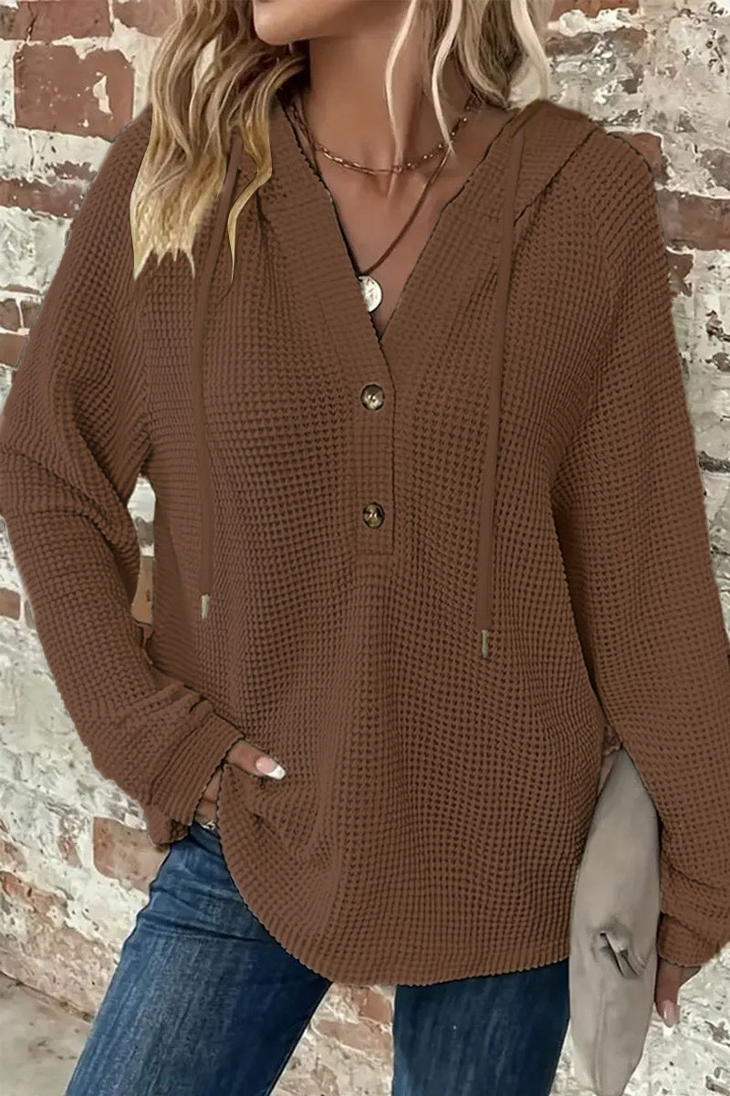 Waffle Knit Half Button Placket Drawstring Hooded Long Sleeve T-Shirt