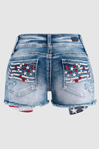 American Flag Patched Button Fly Cut Out Denim Shorts