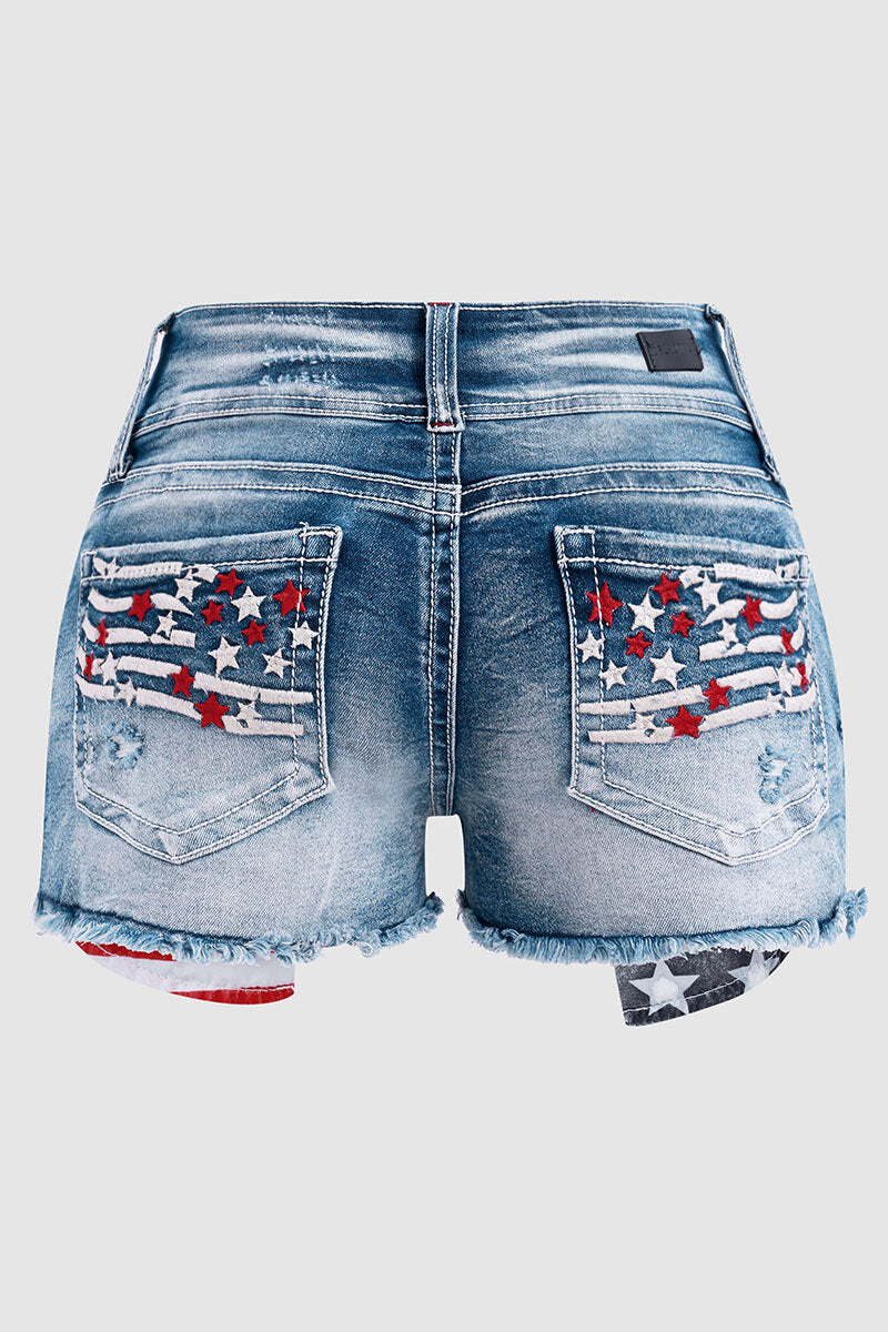American Flag Patched Button Fly Cut Out Denim Shorts