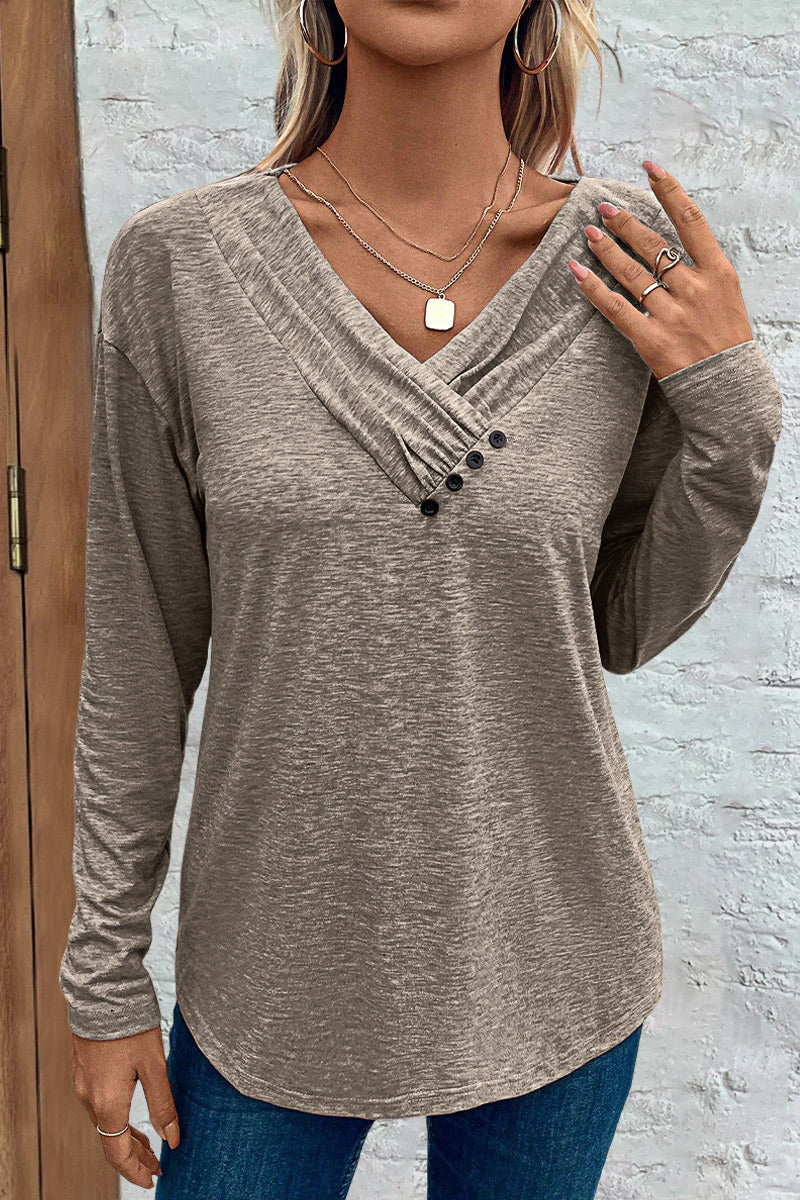 Asymmetrical Button Decor V Neck Long Sleeve T-Shirt