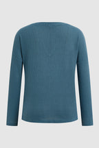 Waffle Knit Pocket Front Notched Neck Long Sleeve T-Shirt