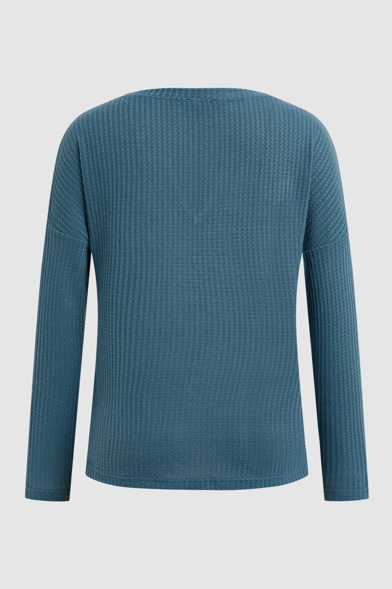 Waffle Knit Pocket Front Notched Neck Long Sleeve T-Shirt