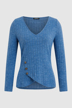 Rib Knit Asymmetrical Button Decor V Neck Long Sleeve T-Shirt