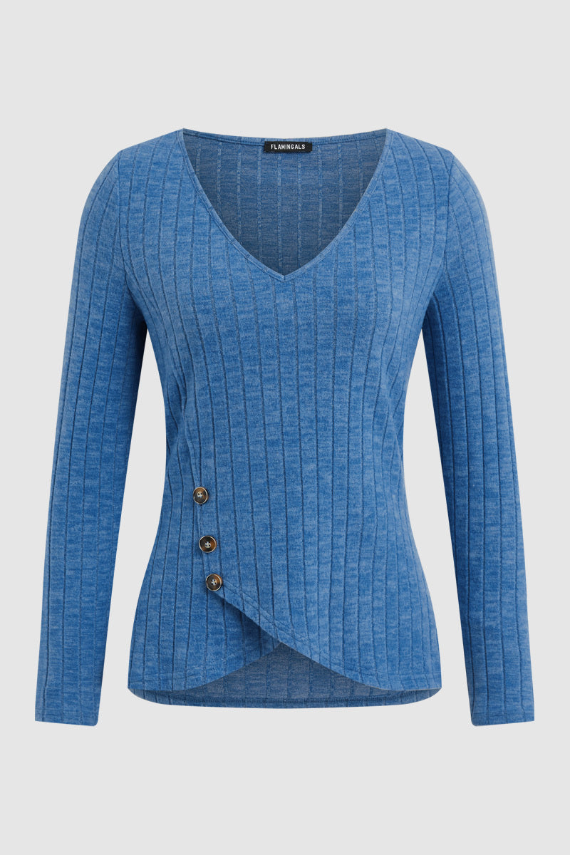Rib Knit Asymmetrical Button Decor V Neck Long Sleeve T-Shirt