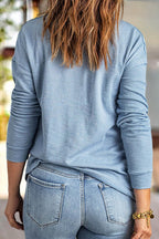 Solid Rib Knit Button Front Long Sleeve T-Shirt