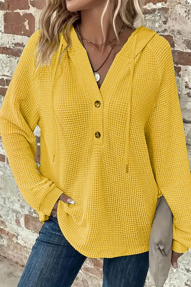 Waffle Knit Half Button Placket Drawstring Hooded Long Sleeve T-Shirt
