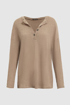 Solid Rib-Knit Half Button Long Sleeve T-Shirt