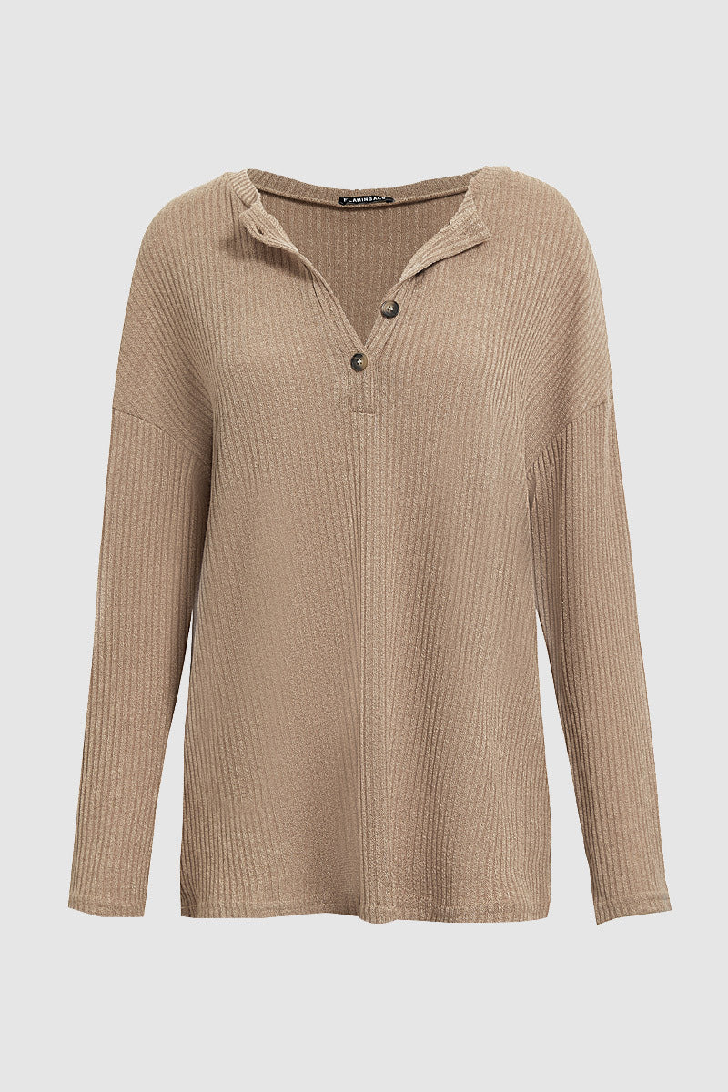 Solid Rib-Knit Half Button Long Sleeve T-Shirt