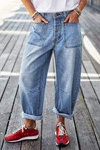 Roll Hem Stitch Detail Patch Pocket High Waist Barrel Leg Crop Jeans