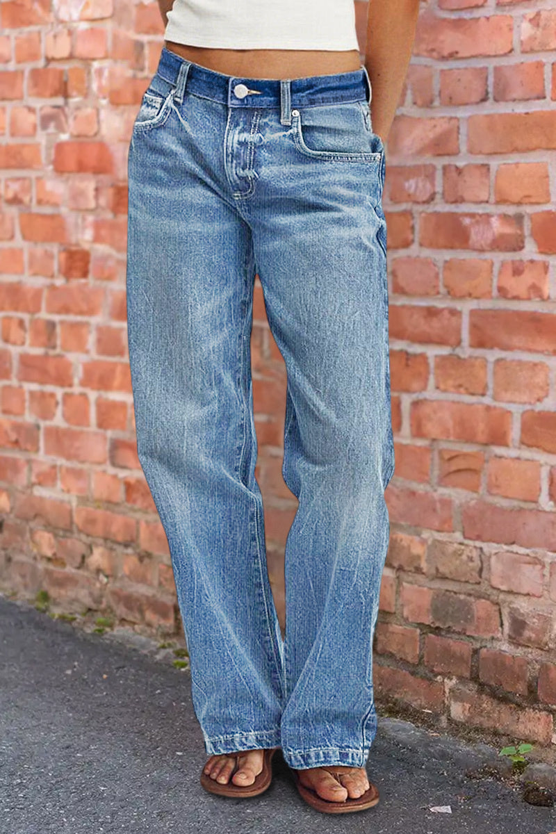 Colorblock Flap Pocket Back Low Rise Straight Leg Jeans