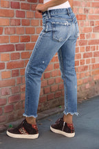 Raw Hem Ripped Mid Rise Straight Leg Crop Jeans