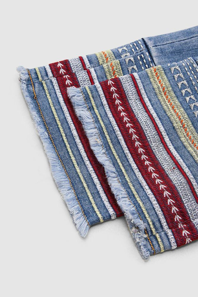 Raw Hem Embroidery Mid Waist Straight Leg Crop Jeans