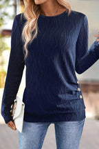 Textured Button Side Round Neck Long Sleeve T-Shirt