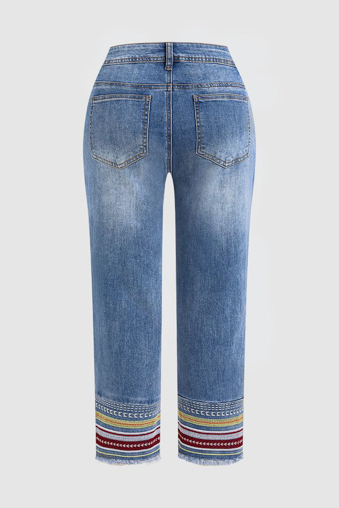 Raw Hem Embroidery Mid Waist Straight Leg Crop Jeans