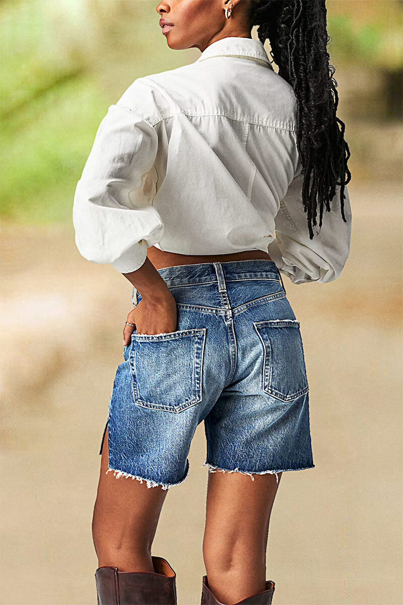 Split Raw Hem Mid Waist Denim Mid Thigh Shorts