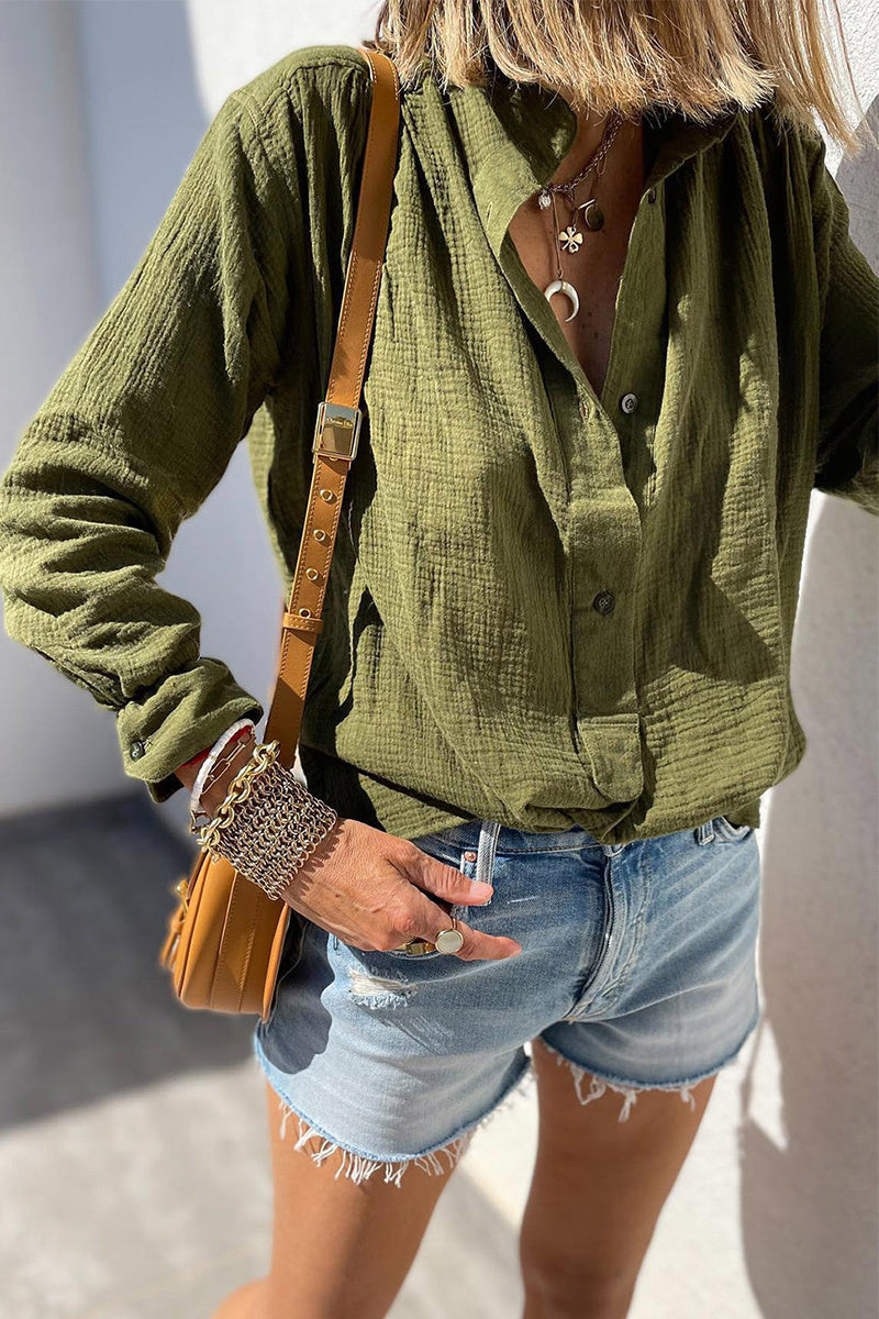 Solid Button Front High Neck Long Sleeve Blouse