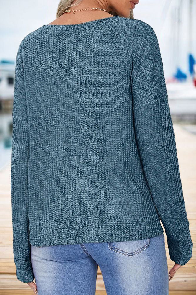 Waffle Knit Pocket Front Notched Neck Long Sleeve T-Shirt