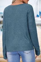 Waffle Knit Pocket Front Notched Neck Long Sleeve T-Shirt