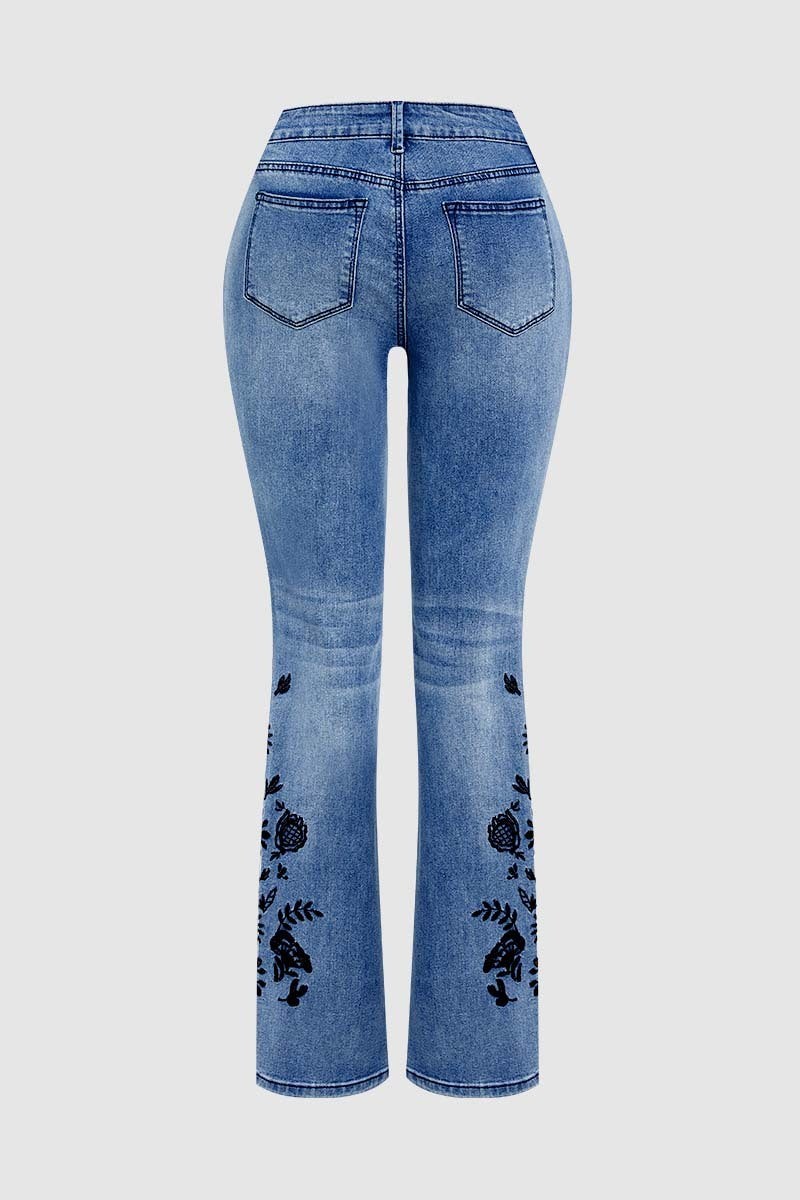 Floral Embroidery Wash Mid Waist Bootcut Jeans
