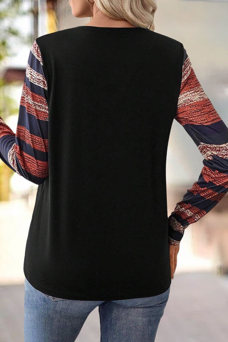 Striped Patch Pocket Notched Neck Long Sleeve T-Shirt