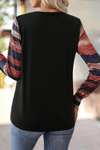 Striped Patch Pocket Notched Neck Long Sleeve T-Shirt