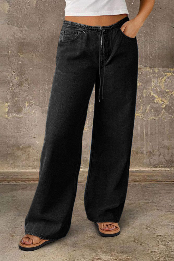 Drawstring Adjustable Mid Waist Straight Leg Jeans