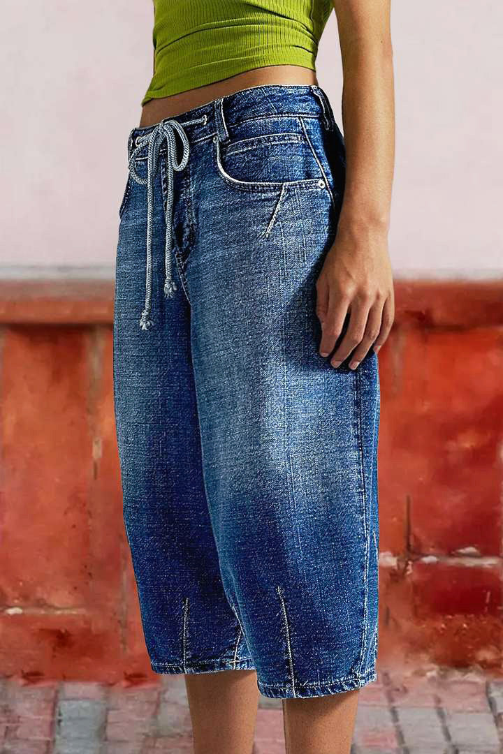 Wash Stitch Detail Drawstring Mid Rise Bermuda Shorts