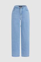 Drawstring Adjustable Mid Waist Straight Leg Jeans