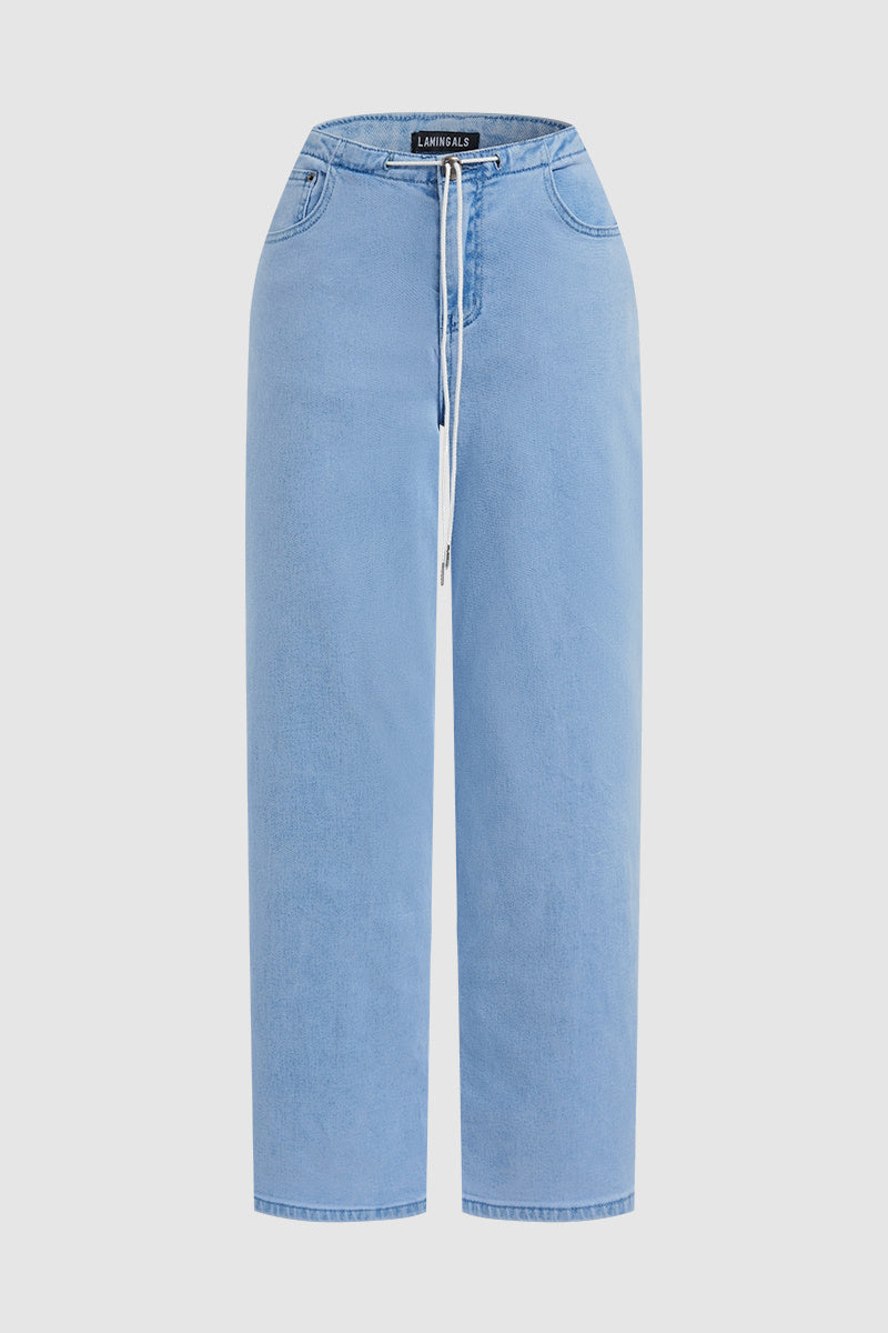Drawstring Adjustable Mid Waist Straight Leg Jeans