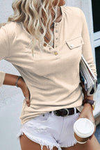 Solid Button Front Round Neck Long Sleeve T-Shirt