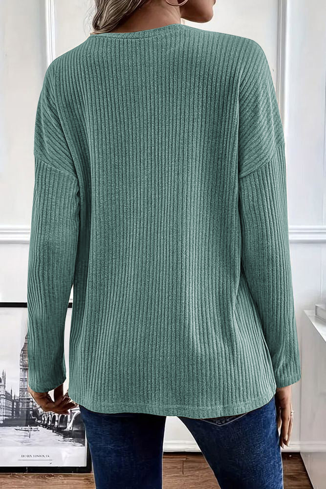 Solid Rib-Knit Half Button Long Sleeve T-Shirt