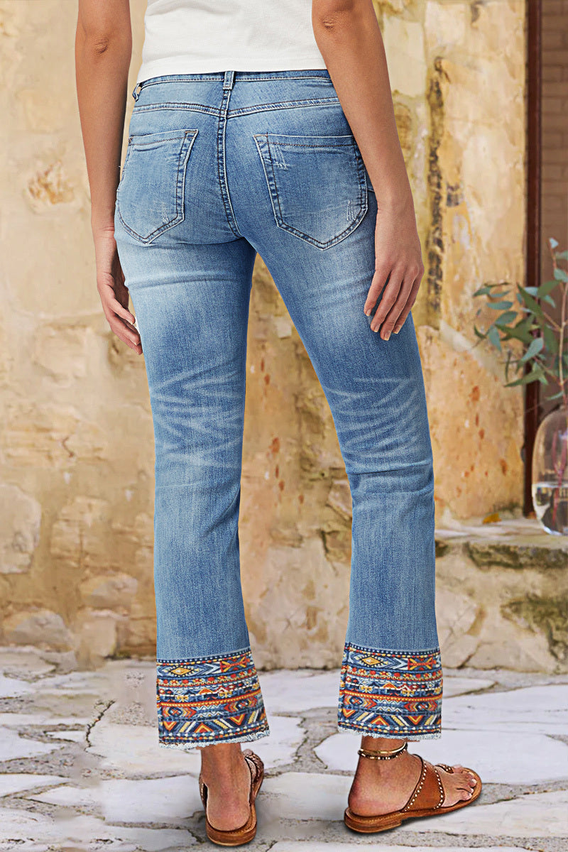 Tribal Embroidery Raw Hem Mid Rise Straight Leg Crop Jeans