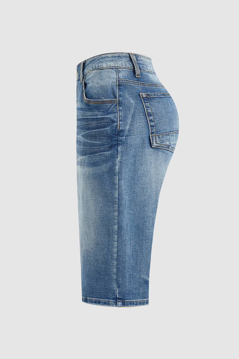 Wash High Waist Denim Bermuda Shorts Without Belt