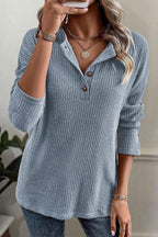Solid Rib-Knit Half Button Long Sleeve T-Shirt