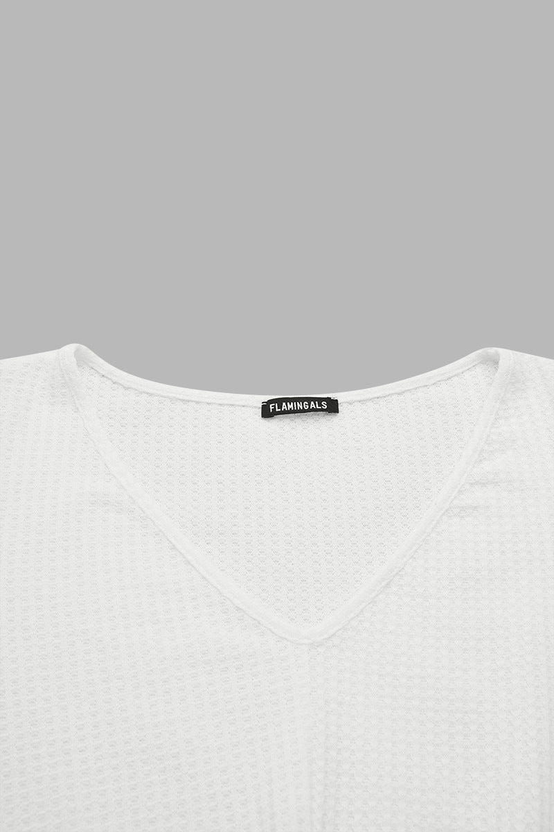 Solid Waffle Knit Wrap V Neck Long Sleeve T-Shirt